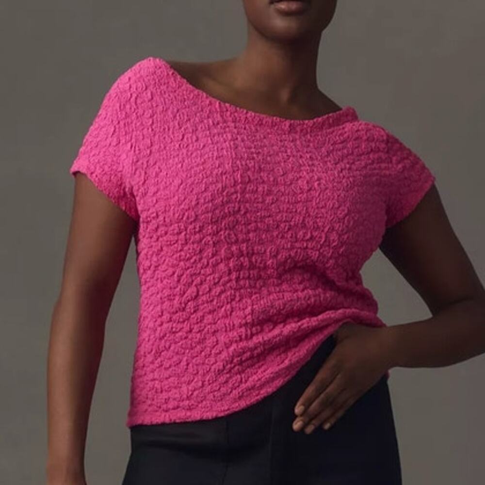 Maeve Textured Short-Sleeve Top in Hot Pink